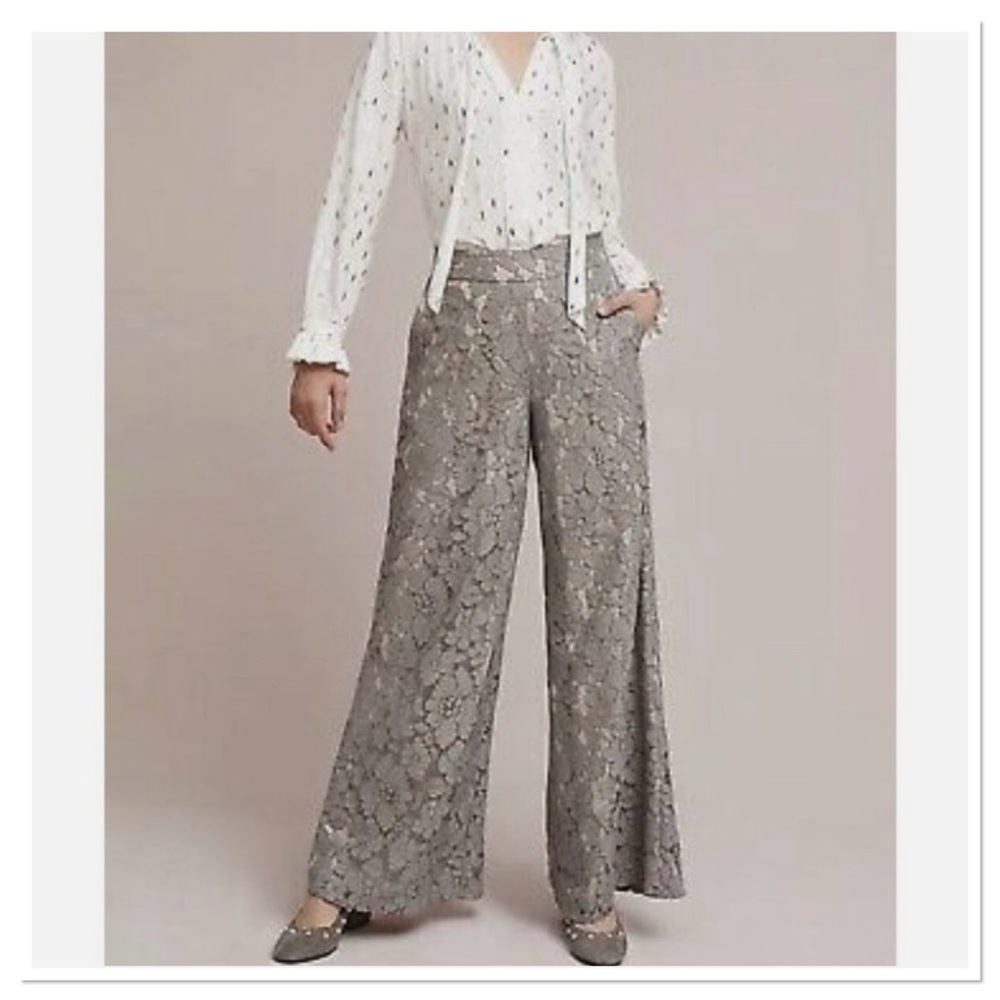 Anthropologie Feather Bone Wide Leg Lace Pants Gray Nude Size Small